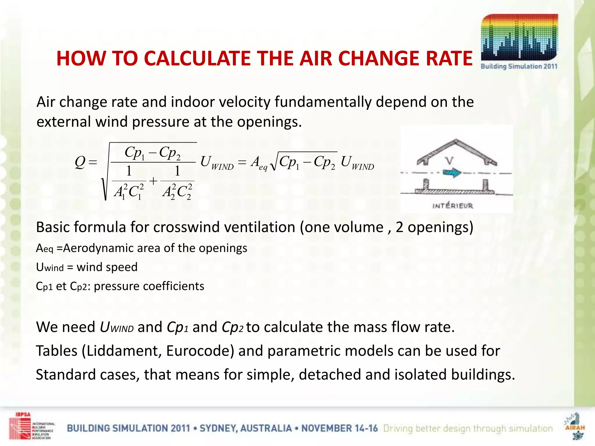 HOW TO CALCULATE THE AIR CHANGE RATE
Air change rate and indoor velocity fundamentally depend on the
external wind pressure at the openings.
Basic formula for crosswind ventilation (one volume , 2 openings)
Aeq =Aerodynamic area of the openings
Uwind = wind speed
Cp1 et Cp2: pressure coefficients
We need UWIND and Cp1 and Cp2 to calculate the mass flow rate.
Tables (Liddament, Eurocode) and parametric models can be used for
Standard cases, that means for simple, detached and isolated buildings.
WINDeqWIND UCpCpAU
CACA
CpCp
Q 21
2
2
2
2
2
1
2
1
21
11