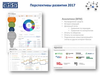 Аналитика (BFM)
• Распределение средств
• История операций
• Денежный поток
• Сравнение по периодам
• Сравнение по контрагентам
• Отчеты по оборотам
• Отчеты по контрагентам
• Подключение новых организаций и
счетов из других интернет-банков
Перспективы развития 2017
 