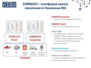 CORREQTS – платформа нового
поколения от Компании BSS
CORREQTS Corporate
• решение для юридических лиц
CORREQTS Retail
• решение для физических лиц
Легкое ДБО
• P2P-переводы, штрафы и пошлины
ГИБДД, ЖКУ, задолженность по
налогам в ФНС, задолженность по
налогам в ФССП без установки
интернет-банка
Голосовые сервисы
• Голосовой мобильный банк
Открытая платформа
• Клиент-серверное API, SDK, HTML5 и
UX/UI Design, Omni-channel
CORREQTS
CORREQTS
Retail
CORREQTS
Corporate
Документы
Сервисы
Интеграция
Перспективы
Документы
Сервисы
Интеграция
Перспективы
Голосовые
сервисы
Omni-
channel
API HTML 5
UX/UI
SDK
 