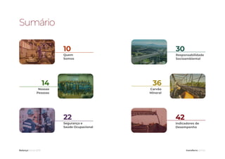 Sumário
10
Quem
Somos
22
Segurança e
Saúde Ocupacional
14
Nossas
Pessoas
Balanço Social 2019
36
Carvão
Mineral
30
Responsabilidade
Socioambiental
42
Indicadores de
Desempenho
transferro.com.br
 