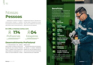 Proﬁssionais de diversas formações e
conhecimentos compõem a Transferro.
Os resultados da empresa são sustentados
pela eﬁciência, pelo comprometimento e
engajamento de cada um. Todo esse com-
promisso, aliado à transparência nas ope-
rações, marca a trajetória de crescimento e
desenvolvimento da Operadora.
174 04
Em 2019, a empresa contou com:
Balanço Social 2019
16
Nossas
Pessoas
Proﬁssionais Estagiários
Desenvolvimento Proﬁssional
O desenvolvimento dos colabora-
dores resulta na melhoria contínua dos
processos de uma empresa. Pensando
nisso, a Transferro busca proporcionar
oportunidades de capacitação que en-
volvem as atuais tendências e necessi-
dades do setor.
Ainiciativa,queconta comtreinamen-
tos externos, in company, facilitadores
próprios, por meio do programa pró-en-
sino, acumulou 29 horas de treinamento
e desenvolvimento, por colaborador.
transferro.com.br
Benefícios
Em busca de atender às necessidades dos
proﬁssionais, a Transferro oferece um paco-
te de benefícios que mostra a importância
que cada colaborador tem para a empresa,
contribuindo com sua carreira e desenvol-
vimento pessoal.
Plano
de Saúde
Auxílio
Alimentação
Seguro
de Vida
Vale
Transporte
Auxílio Materno /
Paterno Infantil
Ambulatório
Médico
Programa
Pró-saúde
Auxílio Material
Escolar / Uniforme
Além do acompanhamento com exa-
mes admissionais, periódicos, consultas,
atendimentos de emergência e preventivo.
 
