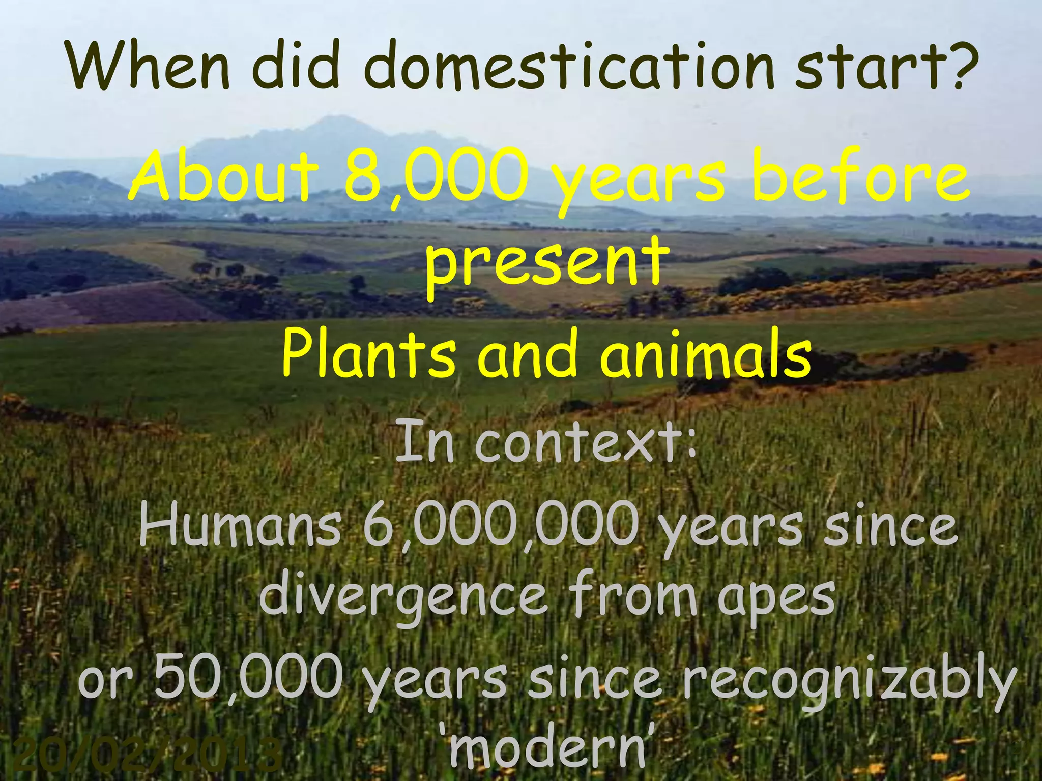 When did domestication start?
    About 8,000 years before
            present
         Plants and animals
              In context:
     Humans 6,000,000 years since
         divergence from apes
  or 50,000 years since recognizably
20/02/2013     „modern‟            24
 