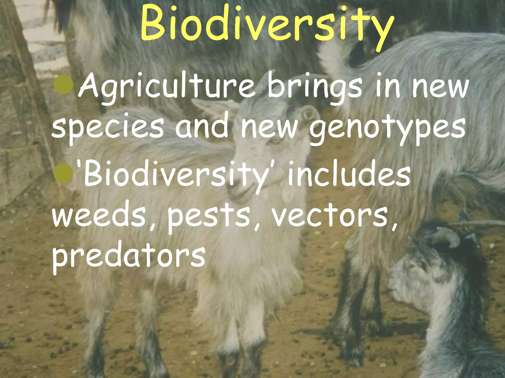 Biodiversity
   Agriculture brings in new
   species and new genotypes
   „Biodiversity‟ includes
   weeds, pests, vectors,
   predators


20/02/2013                      5
 
