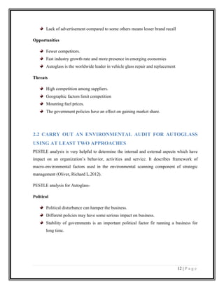 Lack of advertisement compared to some others means lesser brand recall
Opportunities
Fewer competitors.
Fast industry growth rate and more presence in emerging economies
Autoglass is the worldwide leader in vehicle glass repair and replacement
Threats
High competition among suppliers.
Geographic factors limit competition
Mounting fuel prices.
The government policies have an effect on gaining market share.

2.2 CARRY OUT AN ENVIRONMENTAL AUDIT FOR AUTOGLASS
USING AT LEAST TWO APPROACHES
PESTLE analysis is very helpful to determine the internal and external aspects which have
impact on an organization’s behavior, activities and service. It describes framework of
macro-environmental factors used in the environmental scanning component of strategic
management (Oliver, Richard L.2012).
PESTLE analysis for AutoglassPolitical
Political disturbance can hamper the business.
Different policies may have some serious impact on business.
Stability of governments is an important political factor fir running a business for
long time.

12 | P a g e

 