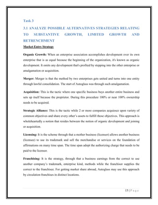 Task 3
3.1 ANALYZE POSSIBLE ALTERNATIVES STRATEGIES RELATING
TO

SUBSTANTIVE

GROWTH,

LIMITED

GROWTH

AND

RETRENCHMENT
Market Entry Strategy
Organic Growth: When an enterprise association accomplishes development over its own
enterprise that is as equal because the beginning of the organization, it's known as organic
development. It omits any development that's profited by stepping into the other enterprise or
amalgamation or acquisition.
Merger: Merger is that the method by two enterprises gets united and turns into one entity
through lawful consolidation. The start of Autoglass was through such amalgamation.
Acquisition: This is the tactic where one specific business buys another entire business and
sets up itself because the proprietor. During this procedure 100% or near 100% ownership
needs to be acquired.
Strategic Alliance: This is the tactic while 2 or more companies acquiesce upon variety of
common objectives and share every other’s assets to fulfill those objectives. This approach is
wholeheartedly a notion that resides between the notion of organic development and joining
or acquisition.
Licensing: It is the scheme through that a mother business (licensor) allows another business
(licensee) to use its trademark and sell the merchandise or services on the foundation of
affirmations on many time span. The time span adopt the authorizing charge that needs to be
paid to the licensor.
Franchising: It is the strategy, through that a business earnings from the correct to use
another company’s trademark, enterprise kind, methods while the franchisor supplies the
correct to the franchisee. For getting market share abroad, Autoglass may use this approach
by circulation franchises in distinct locations.

15 | P a g e

 