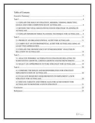 Table of Contents
Executive Summary: ................................................................................................................. 3
Task 1 ........................................................................................................................................ 4
1.1 EXPLAIN THE ROLE OF STRATEGY, MISSION, VISIONS, OBJECTIVE,
GOALS AND CORE COMPETENCIES OF AUTOGLASS .............................................. 4
1.2 REVIEW THE VITAL ISSUES INVOLVED IN STRATEGIC PLANNING IN
AUTOGLASS ....................................................................................................................... 5
1.3 EXPLAIN MINIMUM THREE PLANNING TECHNIQUE FOR AUTOGLASS....... 8
Task 2 ...................................................................................................................................... 11
2.1 PRODUCE AN ORGANIZATIONAL AUDIT FOR AUTOGLASS ......................... 11
2.2 CARRY OUT AN ENVIRONMENTAL AUDIT FOR AUTOGLASS USING AT
LEAST TWO APPROACHES ........................................................................................... 12
2.3 EXPLAIN THE SIGNIFICANCE OF STAKEHOLDERS’ ANALYSIS IN
RELATION TO AUTOGLASS ......................................................................................... 14
Task 3 ...................................................................................................................................... 15
3.1 ANALYZE POSSIBLE ALTERNATIVES STRATEGIES RELATING TO
SUBSTANTIVE GROWTH, LIMITED GROWTH AND RETRENCHMENT............... 15
3.2 SELECT AN APPROPRIATE FUTURE STRATEGY FOR AUTOGLASS ............. 19
Task 4 ...................................................................................................................................... 20
4.1 COMPARE THE ROLES AND RESPONSIBILITIES FOR STRATEGY
IMPLEMENTATION OF AUTOGLASS .......................................................................... 20
4.2 EVALUATE RESOURCE REQUIREMENTS TO IMPLEMENT A NEW
STRATEGY FOR AUTOGLASS ...................................................................................... 20
4.3 DISCUSS TARGETS AND TIMESCALES FOR ACHIEVEMENT FOR
AUTOGLASS TO MONITOR A GIVEN STRATEGY.................................................... 21
Conclusion .............................................................................................................................. 22
References: .............................................................................................................................. 23

2|Page

 