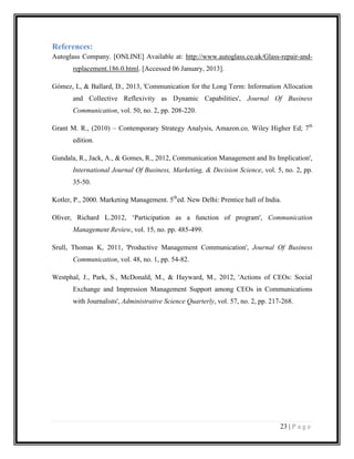 References:
Autoglass Company. [ONLINE] Available at: http://www.autoglass.co.uk/Glass-repair-andreplacement.186.0.html. [Accessed 06 January, 2013].
Gómez, L, & Ballard, D., 2013, 'Communication for the Long Term: Information Allocation
and Collective Reflexivity as Dynamic Capabilities', Journal Of Business
Communication, vol. 50, no. 2, pp. 208-220.
Grant M. R., (2010) – Contemporary Strategy Analysis, Amazon.co, Wiley Higher Ed; 7th
edition.
Gundala, R., Jack, A., & Gomes, R., 2012, Communication Management and Its Implication',
International Journal Of Business, Marketing, & Decision Science, vol. 5, no. 2, pp.
35-50.
Kotler, P., 2000. Marketing Management. 5thed. New Delhi: Prentice hall of India.
Oliver, Richard L.2012, ‘Participation as a function of program', Communication
Management Review, vol. 15, no. pp. 485-499.
Srull, Thomas K, 2011, 'Productive Management Communication', Journal Of Business
Communication, vol. 48, no. 1, pp. 54-82.
Westphal, J., Park, S., McDonald, M., & Hayward, M., 2012, 'Actions of CEOs: Social
Exchange and Impression Management Support among CEOs in Communications
with Journalists', Administrative Science Quarterly, vol. 57, no. 2, pp. 217-268.

23 | P a g e

 
