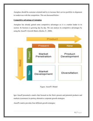 Autoglass should be customer oriented and try to increase their service portfolio in alignment
to rendezvous with the competition. This are discussed belowCompetitive advantage of Autoglass
Autoglass has already gained some competitive advantages as it is a market leader in its
section. Its business is growing day by day. We can analyze its competitive advantages by
using the Ansoff’s Growth Matrix (Kotler, P., 2000).

Figure: Ansoff’s Model

Igor Ansoff presented a matrix that focused on the firm's present and potential products and
markets (customers) to portray alternative corporate growth strategies.
Ansoff's matrix provides four different growth strategies:

6|Page

 