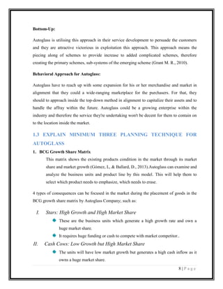 Bottom-Up:
Autoglass is utilising this approach in their service development to persuade the customers
and they are attractive victorious in exploitation this approach. This approach means the
piecing along of schemes to provide increase to added complicated schemes, therefore
creating the primary schemes, sub-systems of the emerging scheme (Grant M. R., 2010).
Behavioral Approach for Autoglass:
Autoglass have to reach up with some expansion for his or her merchandise and market in
alignment that they could a wide-ranging marketplace for the purchasers. For that, they
should to approach inside the top-down method in alignment to capitalize their assets and to
handle the affray within the future. Autoglass could be a growing enterprise within the
industry and therefore the service they're undertaking won't be decent for them to contain on
to the location inside the market.

1.3 EXPLAIN MINIMUM THREE PLANNING TECHNIQUE FOR
AUTOGLASS
1. BCG Growth Share Matrix
This matrix shows the existing products condition in the market through its market
share and market growth (Gómez, L, & Ballard, D., 2013).Autoglass can examine and
analyze the business units and product line by this model. This will help them to
select which product needs to emphasize, which needs to erase.
4 types of consequences can be focused in the market during the placement of goods in the
BCG growth share matrix by Autoglass Company; such as:

I.

Stars: High Growth and High Market Share
These are the business units which generate a high growth rate and own a
huge market share.
It requires huge funding or cash to compete with market competitor..

II.

Cash Cows: Low Growth but High Market Share
The units will have low market growth but generates a high cash inflow as it
owns a huge market share.
8|Page

 
