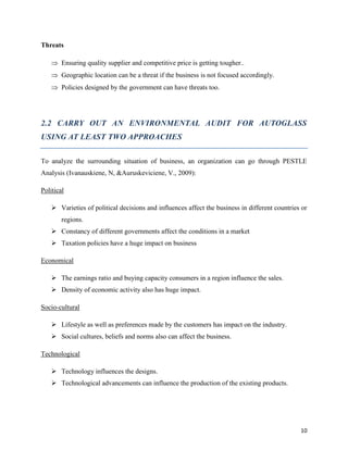 Threats
 Ensuring quality supplier and competitive price is getting tougher..
 Geographic location can be a threat if the business is not focused accordingly.
 Policies designed by the government can have threats too.

2.2 CARRY OUT AN ENVIRONMENTAL AUDIT FOR AUTOGLASS
USING AT LEAST TWO APPROACHES
To analyze the surrounding situation of business, an organization can go through PESTLE
Analysis (Ivanauskiene, N, &Auruskeviciene, V., 2009):
Political
 Varieties of political decisions and influences affect the business in different countries or
regions.
 Constancy of different governments affect the conditions in a market
 Taxation policies have a huge impact on business
Economical
 The earnings ratio and buying capacity consumers in a region influence the sales.
 Density of economic activity also has huge impact.
Socio-cultural
 Lifestyle as well as preferences made by the customers has impact on the industry.
 Social cultures, beliefs and norms also can affect the business.
Technological
 Technology influences the designs.
 Technological advancements can influence the production of the existing products.

10

 