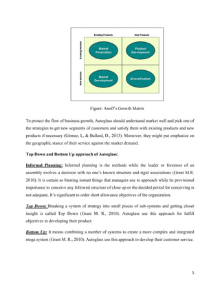 Figure: Anoff’s Growth Matrix
To protect the flow of business growth, Autoglass should understand market well and pick one of
the strategies to get new segments of customers and satisfy them with existing products and new
products if necessary (Gómez, L, & Ballard, D., 2013). Moreover, they might put emphasize on
the geographic stance of their service against the market demand.
Top Down and Bottom Up approach of Autoglass:
Informal Planning: Informal planning is the methods while the leader or foremost of an
assembly evolves a decision with no one’s known structure and rigid associations (Grant M.R.
2010). It is certain as blasting instant things that managers use to approach while its provisional
importance to conceive any followed structure of close up or the decided period for conceiving is
not adequate. It’s significant to order short allowance objectives of the organization.
Top Down: Breaking a system of strategy into small pieces of sub-systems and getting closer
insight is called Top Down (Grant M. R., 2010). Autoglass use this approach for fulfill
objectives in developing their product.
Bottom Up: It means combining a number of systems to create a more complex and integrated
mega system (Grant M. R., 2010). Autoglass use this approach to develop their customer service.

5

 