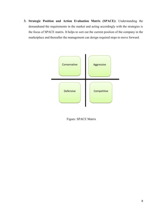 3. Strategic Position and Action Evaluation Matrix (SPACE): Understanding the
demandsand the requirements in the market and acting accordingly with the strategies is
the focus of SPACE matrix. It helps to sort out the current position of the company in the
marketplace and thereafter the management can design required steps to move forward.

Conservative

Defensive

Aggressive

Competitive

Figure: SPACE Matrix

8

 
