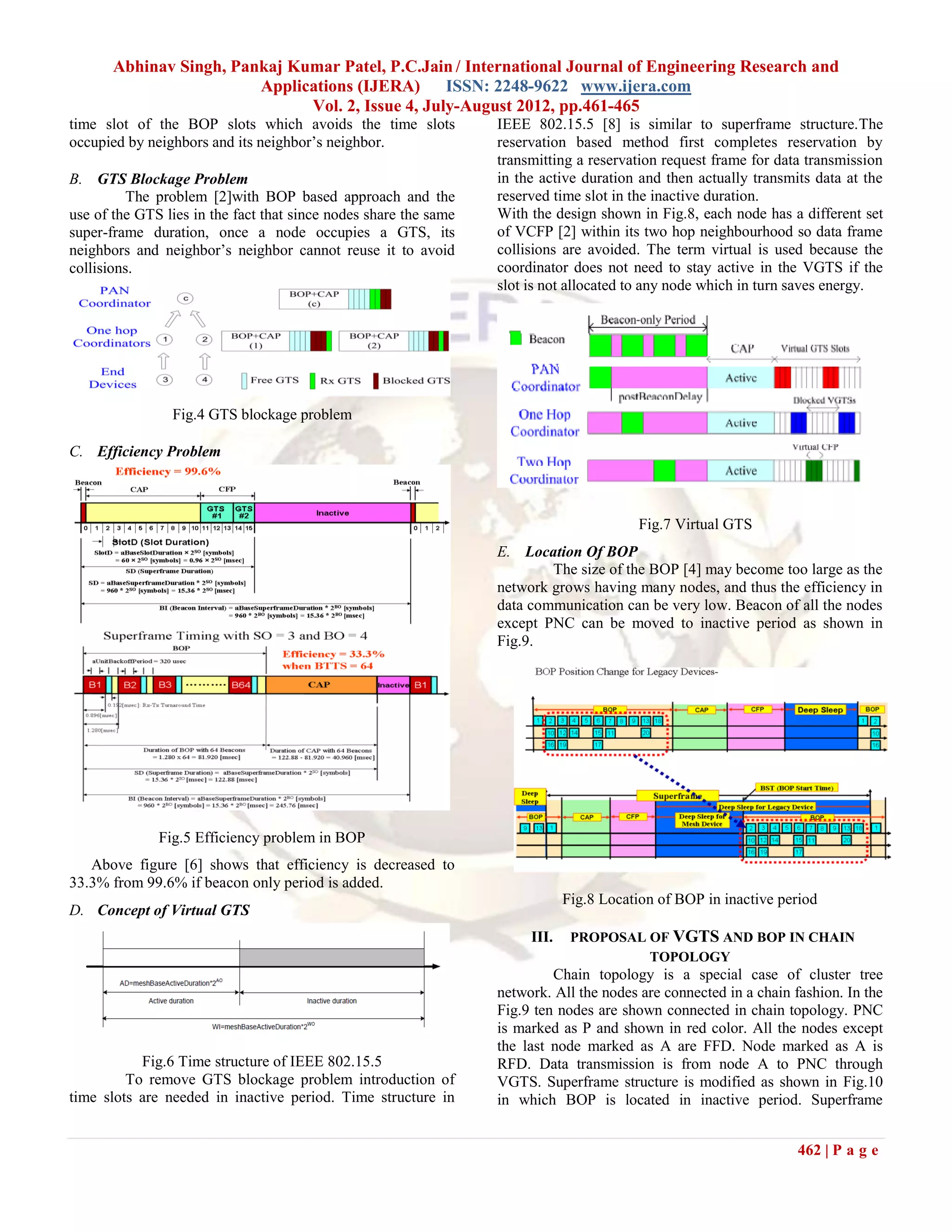 Abhinav Singh, Pankaj Kumar Patel, P.C.Jain / International Journal of Engineering Research and
                         Applications (IJERA) ISSN: 2248-9622 www.ijera.com
                               Vol. 2, Issue 4, July-August 2012, pp.461-465
time slot of the BOP slots which avoids the time slots            IEEE 802.15.5 [8] is similar to superframe structure.The
occupied by neighbors and its neighbor’s neighbor.                reservation based method first completes reservation by
                                                                  transmitting a reservation request frame for data transmission
B. GTS Blockage Problem                                           in the active duration and then actually transmits data at the
          The problem [2]with BOP based approach and the          reserved time slot in the inactive duration.
use of the GTS lies in the fact that since nodes share the same   With the design shown in Fig.8, each node has a different set
super-frame duration, once a node occupies a GTS, its             of VCFP [2] within its two hop neighbourhood so data frame
neighbors and neighbor’s neighbor cannot reuse it to avoid        collisions are avoided. The term virtual is used because the
collisions.                                                       coordinator does not need to stay active in the VGTS if the
                                                                  slot is not allocated to any node which in turn saves energy.




                Fig.4 GTS blockage problem

C. Efficiency Problem



                                                                                         Fig.7 Virtual GTS
                                                                  E. Location Of BOP
                                                                          The size of the BOP [4] may become too large as the
                                                                  network grows having many nodes, and thus the efficiency in
                                                                  data communication can be very low. Beacon of all the nodes
                                                                  except PNC can be moved to inactive period as shown in
                                                                  Fig.9.




              Fig.5 Efficiency problem in BOP
   Above figure [6] shows that efficiency is decreased to
33.3% from 99.6% if beacon only period is added.
                                                                              Fig.8 Location of BOP in inactive period
D. Concept of Virtual GTS
                                                                       III.    PROPOSAL OF VGTS AND BOP IN CHAIN
                                                                                        TOPOLOGY
                                                                           Chain topology is a special case of cluster tree
                                                                  network. All the nodes are connected in a chain fashion. In the
                                                                  Fig.9 ten nodes are shown connected in chain topology. PNC
                                                                  is marked as P and shown in red color. All the nodes except
                                                                  the last node marked as A are FFD. Node marked as A is
           Fig.6 Time structure of IEEE 802.15.5                  RFD. Data transmission is from node A to PNC through
         To remove GTS blockage problem introduction of           VGTS. Superframe structure is modified as shown in Fig.10
time slots are needed in inactive period. Time structure in       in which BOP is located in inactive period. Superframe


                                                                                                                   462 | P a g e
 