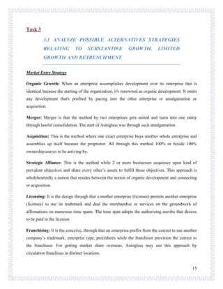 Task 3
3.1 ANALYZE POSSIBLE ALTERNATIVES STRATEGIES
RELATING

TO

SUBSTANTIVE

GROWTH,

LIMITED

GROWTH AND RETRENCHMENT
Market Entry Strategy
Organic Growth: When an enterprise accomplishes development over its enterprise that is
identical because the starting of the organization, it's renowned as organic development. It omits
any development that's profited by pacing into the other enterprise or amalgamation or
acquisition.
Merger: Merger is that the method by two enterprises gets united and turns into one entity
through lawful consolidation. The start of Autoglass was through such amalgamation
Acquisition: This is the method where one exact enterprise buys another whole enterprise and
assemblies up itself because the proprietor. All through this method 100% or beside 100%
ownership craves to be arriving by.
Strategic Alliance: This is the method while 2 or more businesses acquiesce upon kind of
prevalent objectives and share every other’s assets to fulfill those objectives. This approach is
wholeheartedly a notion that resides between the notion of organic development and connecting
or acquisition.
Licensing: It is the design through that a mother enterprise (licensor) permits another enterprise
(licensee) to use its trademark and deal the merchandise or services on the groundwork of
affirmations on numerous time spans. The time span adopts the authorizing ascribe that desires
to be paid to the licensor.
Franchising: It is the conceive, through that an enterprise profits from the correct to use another
company’s trademark, enterprise type, procedures while the franchisor provision the correct to
the franchisee. For getting market share overseas, Autoglass may use this approach by
circulation franchises in distinct locations.

15

 