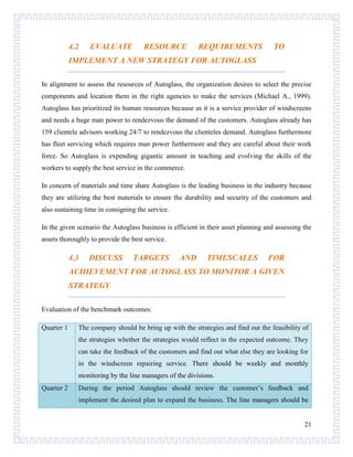 4.2

EVALUATE

RESOURCE

REQUIREMENTS

TO

IMPLEMENT A NEW STRATEGY FOR AUTOGLASS
In alignment to assess the resources of Autoglass, the organization desires to select the precise
components and location them in the right agencies to make the services (Michael A., 1999).
Autoglass has prioritized its human resources because as it is a service provider of windscreens
and needs a huge man power to rendezvous the demand of the customers. Autoglass already has
159 clientele advisors working 24/7 to rendezvous the clienteles demand. Autoglass furthermore
has fleet servicing which requires man power furthermore and they are careful about their work
force. So Autoglass is expending gigantic amount in teaching and evolving the skills of the
workers to supply the best service in the commerce.
In concern of materials and time share Autoglass is the leading business in the industry because
they are utilizing the best materials to ensure the durability and security of the customers and
also sustaining time in consigning the service.
In the given scenario the Autoglass business is efficient in their asset planning and assessing the
assets thoroughly to provide the best service.

4.3

DISCUSS

TARGETS

AND

TIMESCALES

FOR

ACHIEVEMENT FOR AUTOGLASS TO MONITOR A GIVEN
STRATEGY
Evaluation of the benchmark outcomes:
Quarter 1

The company should be bring up with the strategies and find out the feasibility of
the strategies whether the strategies would reflect in the expected outcome. They
can take the feedback of the customers and find out what else they are looking for
in the windscreen repairing service. There should be weekly and monthly
monitoring by the line managers of the divisions.

Quarter 2

During the period Autoglass should review the customer’s feedback and
implement the desired plan to expand the business. The line managers should be

21

 