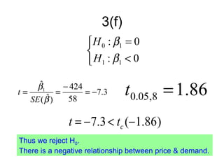 3(f)
                    H 0 : β1 = 0
                   
                    H1 : β1 < 0

t=
     ˆ
     β1
        ˆ
   SE ( β )
            =
              − 424
               58
                    = −7.3     t0.05,8 = 1.86
              t = −7.3 < tc (−1.86)
Thus we reject H0.
There is a negative relationship between price & demand.
 