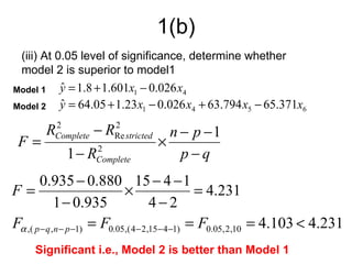 1(b)
  (iii) At 0.05 level of significance, determine whether
  model 2 is superior to model1
Model 1      y = 1.8 + 1.601x1 − 0.026 x4
             ˆ
Model 2      y = 64.05 + 1.23 x1 − 0.026 x4 + 63.794 x5 − 65.371x6
             ˆ

          RComplete − RRe stricted
           2           2
                                       n − p −1
 F=                                  ×
              1− R   2
                     Complete            p−q
       0.935 − 0.880 15 − 4 − 1
F=                            ×                 = 4.231
             1 − 0.935                4−2
Fα ,( p − q ,n − p −1) = F0.05,( 4− 2,15− 4−1) = F0.05, 2,10 = 4.103 < 4.231
     Significant i.e., Model 2 is better than Model 1
 