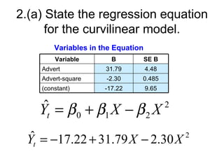 2.(a) State the regression equation
      for the curvilinear model.
        Variables in the Equation
        Variable        B           SE B
    Advert            31.79         4.48
    Advert-square     -2.30     0.485
    (constant)        -17.22        9.65


     ˆ = β +β X −β X2
    Yt    0  1    2

  ˆ = −17.22 + 31.79 X − 2.30 X 2
 Yt
 