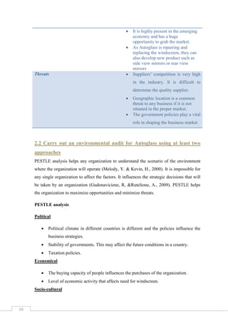 


Threats



It is highly present in the emerging
economy and has a huge
opportunity to grab the market.
As Autoglass is repairing and
replacing the windscreen, they can
also develop new product such as
side view mirrors or rear view
mirrors
Suppliers’ competition is very high
in the industry. It is difficult to
determine the quality supplier.




Geographic location is a common
threat to any business if it is not
situated in the proper market.
The government policies play a vital
role in shaping the business market

2.2 Carry out an environmental audit for Autoglass using at least two
approaches
PESTLE analysis helps any organization to understand the scenario of the environment
where the organization will operate (Melody, Y. & Kevin, H., 2000). It is impossible for
any single organization to affect the factors. It influences the strategic decisions that will
be taken by an organization (Gudonaviciene, R, &Rutelione, A., 2009). PESTLE helps
the organization to maximize opportunities and minimize threats.
PESTLE analysis
Political


Political climate in different countries is different and the policies influence the
business strategies.



Stability of governments. This may affect the future conditions in a country.



Taxation policies.

Economical


The buying capacity of people influences the purchases of the organization.



Level of economic activity that affects need for windscreen.

Socio-cultural

10

 