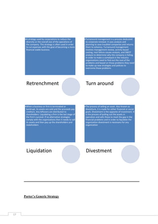 •A strategy used by corporations to reduce the
diversity or the overall size of the operations of
the company. This strategy is often used in order
to cut expenses with the goal of becoming a more
financial stable business

Retrenchment

•When a business or firm is terminated or
bankrupt, its assets are sold and the proceeds pay
creditors. Any leftovers are distributed to
shareholders. Liquidating a firm is the last stage of
the firm’s survival. If no alternative strategies
comply with the organizations then it needs to sell
its assets and then pay up the shareholders and
stakeholders

Liquidation

Porter’s Generic Strategy

17

•Turnaround management is a process dedicated
to corporate renewal. It uses analysis and
planning to save troubled companies and returns
them to solvency. Turnaround management
involves management review, activity based
costing, root failure causes analysis, and SWOT
analysis to determine why the company is failing.
In order to make a comeback in the industry
organizations need to find out the root of the
problems and based on those problems they need
to make up new strategies and policies to
overcome those problems

Turn around

•The process of selling an asset. Also known as
divestiture, it is made for either financial or social
goals. Divestment is the opposite of investment. It
is the process of pulling out the assets in
operation and sells those to meet the gap in the
financial problems and in order to liquidate the
organization divestment is necessary for any
organization

Divestment

 