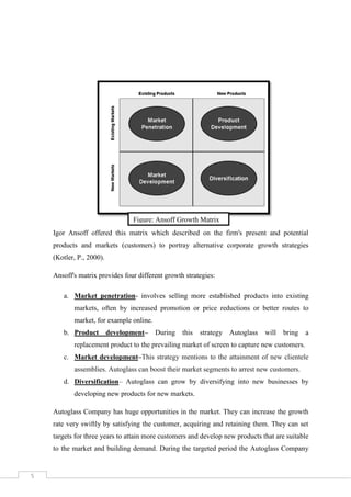 Figure: Ansoff Growth Matrix
Igor Ansoff offered this matrix which described on the firm's present and potential
products and markets (customers) to portray alternative corporate growth strategies
(Kotler, P., 2000).
Ansoff's matrix provides four different growth strategies:
a. Market penetration- involves selling more established products into existing
markets, often by increased promotion or price reductions or better routes to
market, for example online.
b. Product

development–

During

this

strategy Autoglass

will

bring

a

replacement product to the prevailing market of screen to capture new customers.
c. Market development–This strategy mentions to the attainment of new clientele
assemblies. Autoglass can boost their market segments to arrest new customers.
d. Diversification– Autoglass can grow by diversifying into new businesses by
developing new products for new markets.
Autoglass Company has huge opportunities in the market. They can increase the growth
rate very swiftly by satisfying the customer, acquiring and retaining them. They can set
targets for three years to attain more customers and develop new products that are suitable
to the market and building demand. During the targeted period the Autoglass Company

5

 