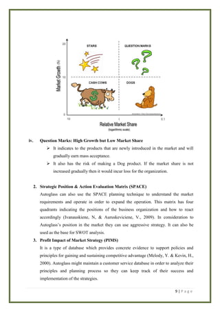iv.

Question Marks: High Growth but Low Market Share
 It indicates to the products that are newly introduced in the market and will
gradually earn mass acceptance.
 It also has the risk of making a Dog product. If the market share is not
increased gradually then it would incur loss for the organization.

2. Strategic Position & Action Evaluation Matrix (SPACE)
Autoglass can also use the SPACE planning technique to understand the market
requirements and operate in order to expand the operation. This matrix has four
quadrants indicating the positions of the business organization and how to react
accordingly (Ivanauskiene, N, & Auruskeviciene, V., 2009). In consideration to
Autoglass’s position in the market they can use aggressive strategy. It can also be
used as the base for SWOT analysis.
3. Profit Impact of Market Strategy (PIMS)
It is a type of database which provides concrete evidence to support policies and
principles for gaining and sustaining competitive advantage (Melody, Y. & Kevin, H.,
2000). Autoglass might maintain a customer service database in order to analyze their
principles and planning process so they can keep track of their success and
implementation of the strategies.
9|Page

 