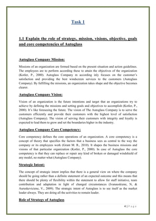 Task 1

1.1 Explain the role of strategy, mission, visions, objective, goals
and core competencies of Autoglass

Autoglass Company Mission:
Missions of an organization are formed based on the present situation and action guidelines.
The employees are to perform according these to attain the objectives of the organization
(Kotler, P., 2000). Autoglass Company m according inly focuses on the customer’s
satisfaction and providing the best windscreen services to the customers (Autoglass
Company). By fulfilling the missions, an organization takes shape and the objective becomes
clearer.

Autoglass Company Vision:
Vision of an organization is the future intentions and target that an organizations try to
achieve by defining the missions and setting goals and objectives to accomplish (Kotler, P.,
2000). It’s like foreseeing the future. The vision of The Autoglass Company is to serve the
customers efficiently and provide their customers with the highest level of satisfaction
(Autoglass Company). The vision of serving their customers with integrity and loyalty is
expected to lead them to grow and set the boundaries higher in the industry.

Autoglass Company Core Competency:
Core competency defines the core operations of an organization. A core competency is a
concept of theory that specifies the factors that a business sees as central to the way the
company or its employees work (Grant M. R., 2010). It shapes the business missions and
visions of that particular organization (Kotler, P., 2000). In case of Autoglass the core
competency is that they can replace or repair any kind of broken or damaged windshield of
any model, no matter what (Autoglass Company).

Strategic Intent:
The concept of strategic intent implies that there is a general view on where the company
should be going rather than a definite statement of an expected outcome and this means that
there should be plenty of flexibility within the statement to allow for staff initiative, team
contribution and adaptation in light of changed circumstances (Ivanauskiene, N, &
Auruskeviciene, V., 2009). The strategic intent of Autoglass is to see itself as the market
leader always. They are doing all the activities to remain leader.

Role of Strategy of Autoglass
4|Page

 