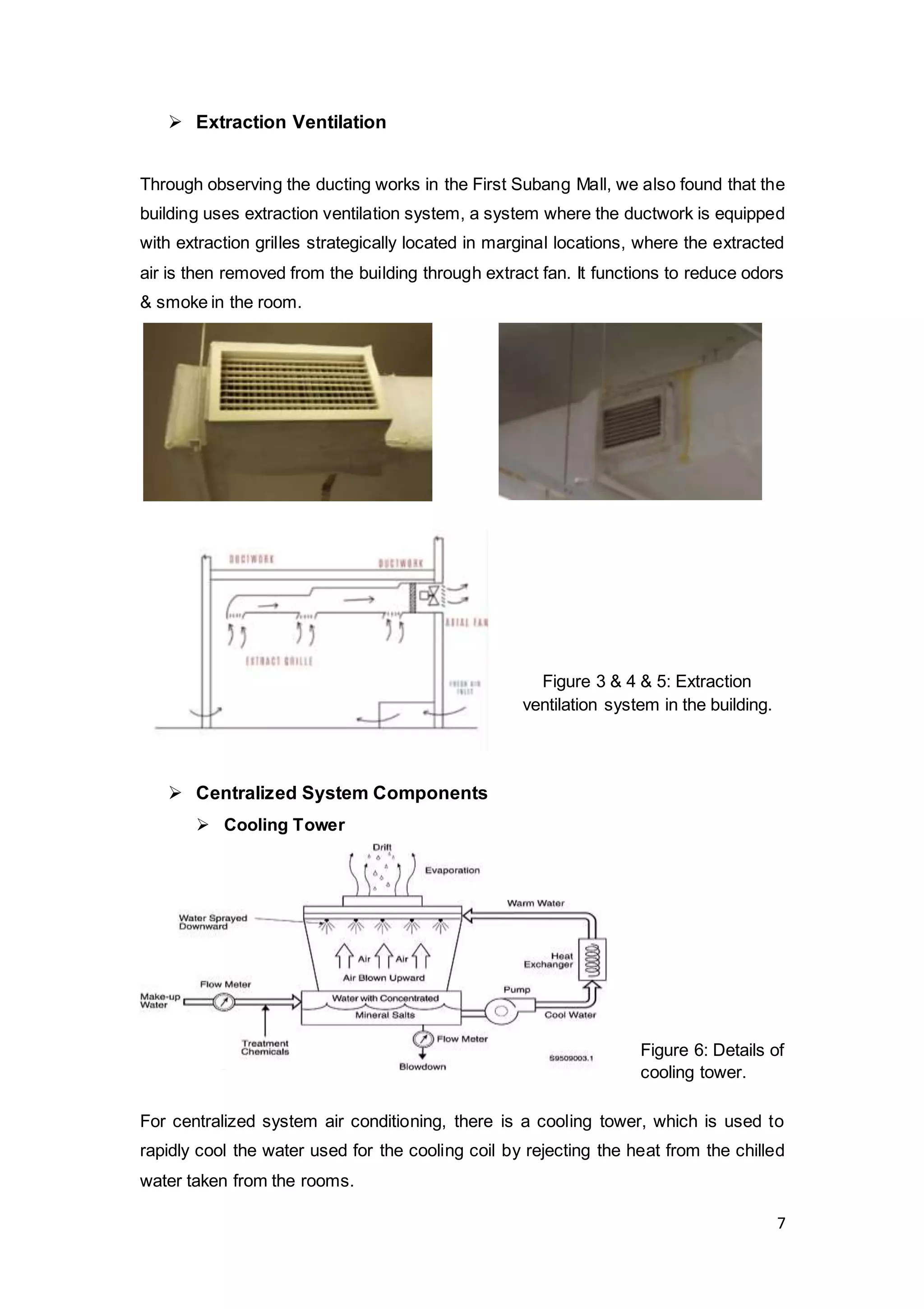 7
 Extraction Ventilation
Through observing the ducting works in the First Subang Mall, we also found that the
building uses extraction ventilation system, a system where the ductwork is equipped
with extraction grilles strategically located in marginal locations, where the extracted
air is then removed from the building through extract fan. It functions to reduce odors
& smoke in the room.
 Centralized System Components
 Cooling Tower
For centralized system air conditioning, there is a cooling tower, which is used to
rapidly cool the water used for the cooling coil by rejecting the heat from the chilled
water taken from the rooms.
Figure 3 & 4 & 5: Extraction
ventilation system in the building.
Figure 6: Details of
cooling tower.
 