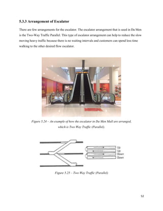 52
5.3.3 Arrangement of Escalator
There are few arrangements for the escalator. The escalator arrangement that is used in Da Men
is the Two-Way Traffic Parallel. This type of escalator arrangement can help to reduce the slow
moving heavy traffic because there is no waiting intervals and customers can spend less time
walking to the other desired flow escalator.
Figure 5.24 – An example of how the escalator in Da Men Mall are arranged,
which is Two Way Traffic (Parallel).
Figure 5.25 – Two Way Traffic (Parallel)
 