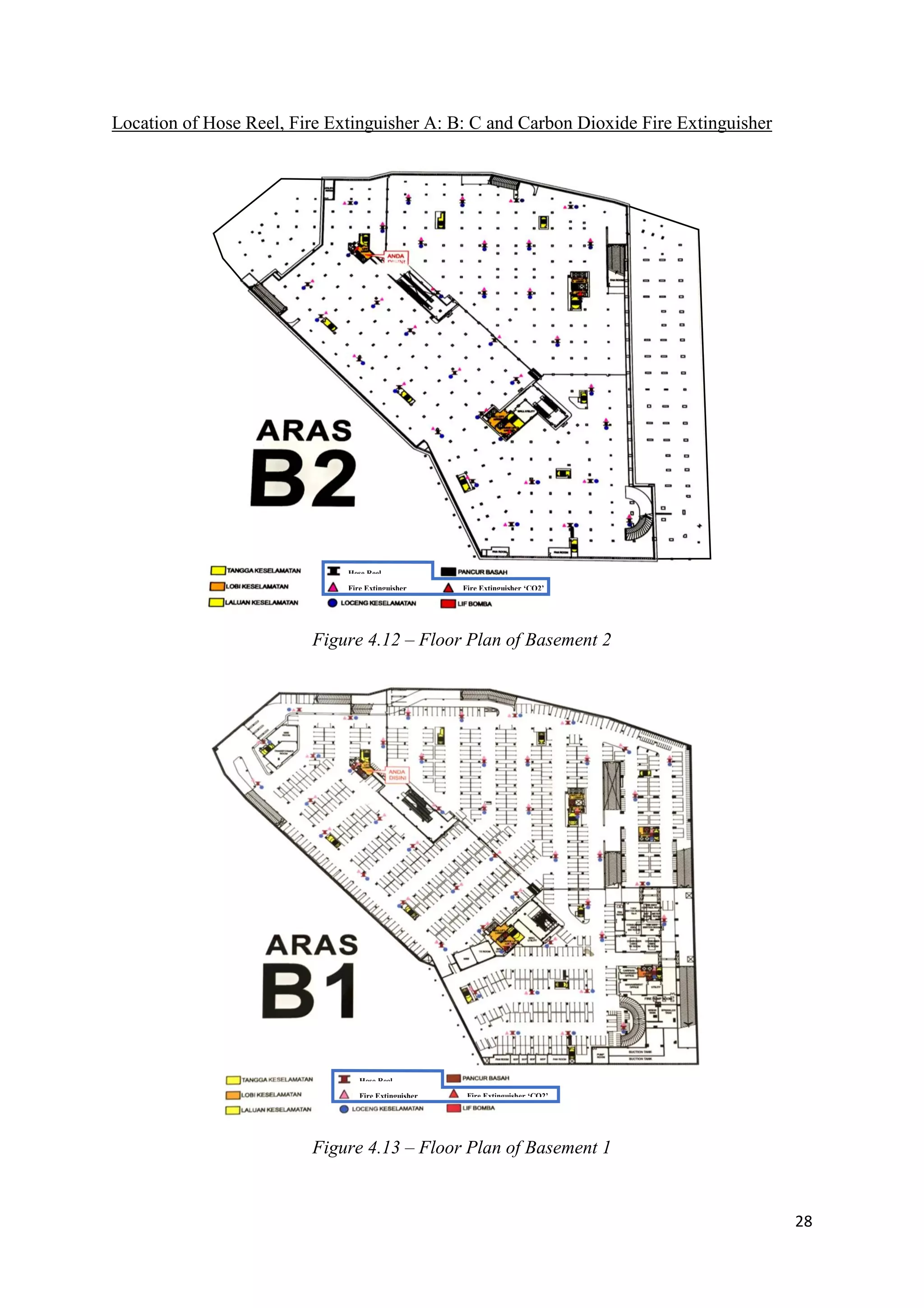 28
Location of Hose Reel, Fire Extinguisher A: B: C and Carbon Dioxide Fire Extinguisher
Hose Reel
Fire Extinguisher Fire Extinguisher ‘CO2’
Hose Reel
Fire Extinguisher
‘ABC’
Fire Extinguisher ‘CO2’
Figure 4.12 – Floor Plan of Basement 2
Figure 4.13 – Floor Plan of Basement 1
 