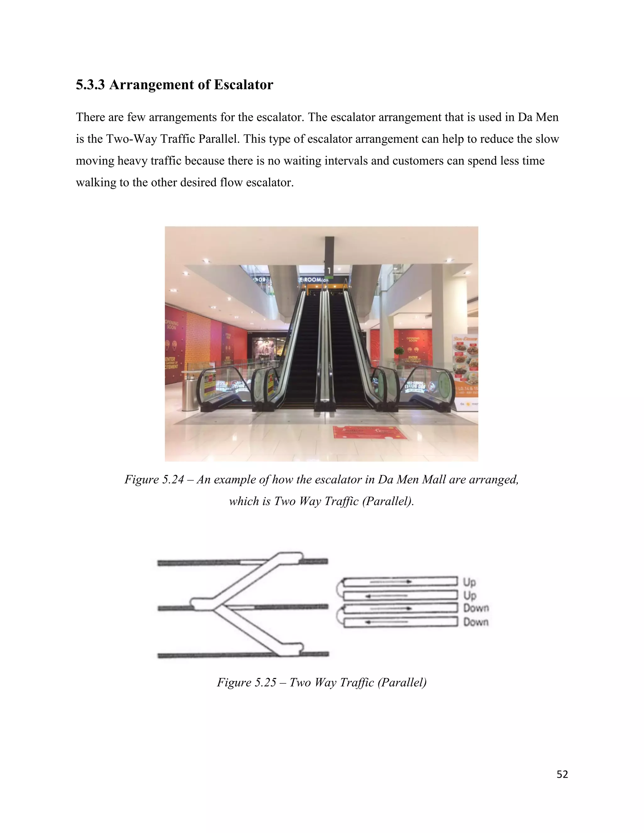 52
5.3.3 Arrangement of Escalator
There are few arrangements for the escalator. The escalator arrangement that is used in Da Men
is the Two-Way Traffic Parallel. This type of escalator arrangement can help to reduce the slow
moving heavy traffic because there is no waiting intervals and customers can spend less time
walking to the other desired flow escalator.
Figure 5.24 – An example of how the escalator in Da Men Mall are arranged,
which is Two Way Traffic (Parallel).
Figure 5.25 – Two Way Traffic (Parallel)
 