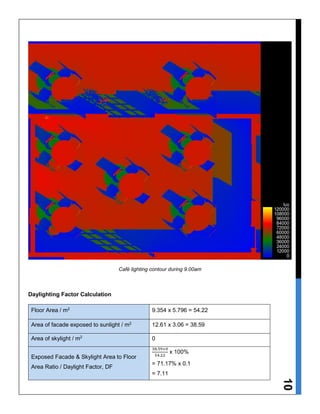 10
Café lighting contour during 9.00am
Daylighting Factor Calculation
Floor Area / m2
9.354 x 5.796 = 54.22
Area of facade exposed to sunlight / m2
12.61 x 3.06 = 38.59
Area of skylight / m2
0
Exposed Facade & Skylight Area to Floor
Area Ratio / Daylight Factor, DF
38.59+0
54.22
x 100%
= 71.17% x 0.1
= 7.11
 