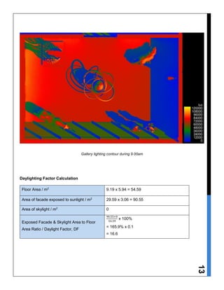 13
Gallery lighting contour during 9.00am
Daylighting Factor Calculation
Floor Area / m2
9.19 x 5.94 = 54.59
Area of facade exposed to sunlight / m2
29.59 x 3.06 = 90.55
Area of skylight / m2
0
Exposed Facade & Skylight Area to Floor
Area Ratio / Daylight Factor, DF
90.55+0
54.59
x 100%
= 165.9% x 0.1
= 16.6
 