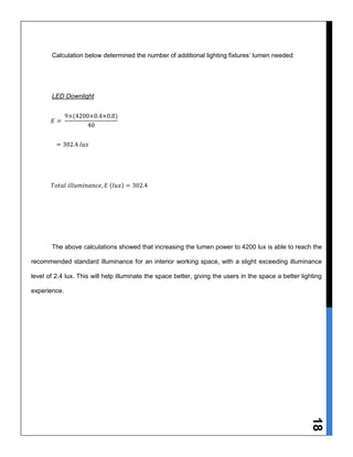 18
Calculation below determined the number of additional lighting fixtures’ lumen needed:
LED Downlight
𝐸 =
9×(4200×0.4×0.8)
40
= 302.4 𝑙𝑢𝑥
𝑇𝑜𝑡𝑎𝑙 𝑖𝑙𝑙𝑢𝑚𝑖𝑛𝑎𝑛𝑐𝑒, 𝐸 (𝑙𝑢𝑥) = 302.4
The above calculations showed that increasing the lumen power to 4200 lux is able to reach the
recommended standard illuminance for an interior working space, with a slight exceeding illuminance
level of 2.4 lux. This will help illuminate the space better, giving the users in the space a better lighting
experience.
 