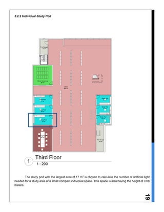 19
3.2.2 Individual Study Pod
The study pod with the largest area of 17 m2
is chosen to calculate the number of artificial light
needed for a study area of a small compact individual space. This space is also having the height of 3.06
meters.
 