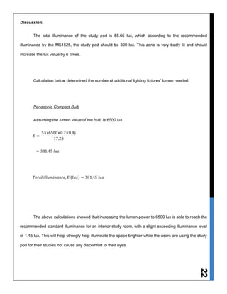 22
Discussion:
The total illuminance of the study pod is 55.65 lux, which according to the recommended
illuminance by the MS1525, the study pod should be 300 lux. This zone is very badly lit and should
increase the lux value by 6 times.
Calculation below determined the number of additional lighting fixtures’ lumen needed:
Panasonic Compact Bulb
Assuming the lumen value of the bulb is 6500 lux.
𝐸 =
5×(6500×0.2×0.8)
17.25
= 301.45 𝑙𝑢𝑥
𝑇𝑜𝑡𝑎𝑙 𝑖𝑙𝑙𝑢𝑚𝑖𝑛𝑎𝑛𝑐𝑒, 𝐸 (𝑙𝑢𝑥) = 301.45 𝑙𝑢𝑥
The above calculations showed that increasing the lumen power to 6500 lux is able to reach the
recommended standard illuminance for an interior study room, with a slight exceeding illuminance level
of 1.45 lux. This will help strongly help illuminate the space brighter while the users are using the study
pod for their studies not cause any discomfort to their eyes.
 