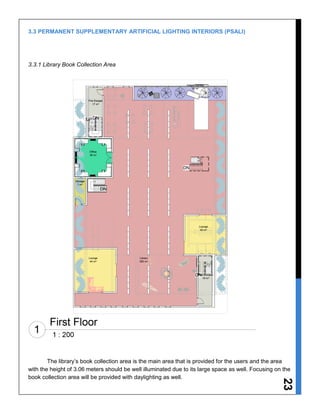 23
3.3 PERMANENT SUPPLEMENTARY ARTIFICIAL LIGHTING INTERIORS (PSALI)
3.3.1 Library Book Collection Area
The library’s book collection area is the main area that is provided for the users and the area
with the height of 3.06 meters should be well illuminated due to its large space as well. Focusing on the
book collection area will be provided with daylighting as well.
 
