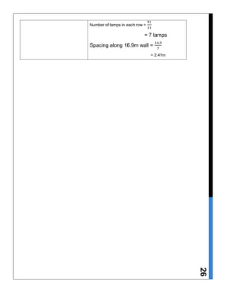 26
Number of lamps in each row =
91
14
= 7 lamps
Spacing along 16.9m wall =
16.9
7
= 2.41m
 