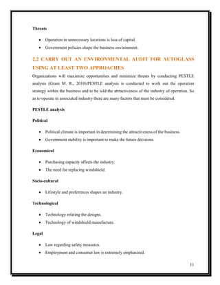 Threats


Operation in unnecessary locations is loss of capital.



Government policies shape the business environment.

2.2 CARRY OUT AN ENVIRONMENTAL AUDIT FOR AUTOGLASS
USING AT LEAST TWO APPROACHES
Organizations will maximize opportunities and minimize threats by conducting PESTLE
analysis (Grant M. R., 2010).PESTLE analysis is conducted to work out the operation
strategy within the business and to be told the attractiveness of the industry of operation. So
as to operate in associated industry there are many factors that must be considered.
PESTLE analysis
Political


Political climate is important in determining the attractiveness of the business.



Government stability is important to make the future decisions.

Economical


Purchasing capacity affects the industry.



The need for replacing windshield.

Socio-cultural


Lifestyle and preferences shapes an industry.

Technological


Technology relating the designs.



Technology of windshield manufacture.

Legal


Law regarding safety measures.



Employment and consumer law is extremely emphasized.
11

 