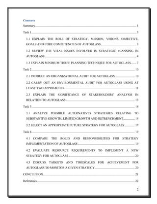 Contents
Summary ................................................................................................................................... 1
Task 1 ........................................................................................................................................ 3
1.1 EXPLAIN THE ROLE OF STRATEGY, MISSION, VISIONS, OBJECTIVE,
GOALS AND CORE COMPETENCIES OF AUTOGLASS .............................................. 3
1.2 REVIEW THE VITAL ISSUES INVOLVED IN STRATEGIC PLANNING IN
AUTOGLASS ....................................................................................................................... 4
1.3 EXPLAIN MINIMUM THREE PLANNING TECHNIQUE FOR AUTOGLASS....... 7
Task 2 ...................................................................................................................................... 10
2.1 PRODUCE AN ORGANIZATIONAL AUDIT FOR AUTOGLASS ......................... 10
2.2 CARRY OUT AN ENVIRONMENTAL AUDIT FOR AUTOGLASS USING AT
LEAST TWO APPROACHES ........................................................................................... 11
2.3 EXPLAIN THE SIGNIFICANCE OF STAKEHOLDERS’ ANALYSIS IN
RELATION TO AUTOGLASS ......................................................................................... 13
Task 3 ...................................................................................................................................... 14
3.1

ANALYZE

POSSIBLE

ALTERNATIVES

STRATEGIES

RELATING

TO

SUBSTANTIVE GROWTH, LIMITED GROWTH AND RETRENCHMENT............... 14
3.2 SELECT AN APPROPRIATE FUTURE STRATEGY FOR AUTOGLASS ............. 17
Task 4 ...................................................................................................................................... 19
4.1

COMPARE

THE

ROLES

AND

RESPONSIBILITIES

FOR

STRATEGY

IMPLEMENTATION OF AUTOGLASS .......................................................................... 19
4.2 EVALUATE RESOURCE REQUIREMENTS TO IMPLEMENT A NEW
STRATEGY FOR AUTOGLASS ...................................................................................... 20
4.3

DISCUSS

TARGETS

AND

TIMESCALES

FOR

ACHIEVEMENT

FOR

AUTOGLASS TO MONITOR A GIVEN STRATEGY.................................................... 20
CONCLUSION ....................................................................................................................... 21
References ............................................................................................................................... 22
2

 