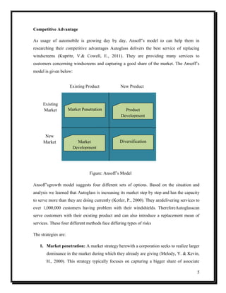 Competitive Advantage
As usage of automobile is growing day by day, Ansoff’s model to can help them in
researching their competitive advantages Autoglass delivers the best service of replacing
windscreens (Kupritz, V.& Cowell, E., 2011). They are providing many services to
customers concerning windscreens and capturing a good share of the market. The Ansoff’s
model is given below:
Existing Product

Existing
Market

New
Market

New Product

Market Penetration

Product
Development

Market
Development

Diversification

Figure: Ansoff’s Model
Ansoff’sgrowth model suggests four different sets of options. Based on the situation and
analysis we learned that Autoglass is increasing its market step by step and has the capacity
to serve more than they are doing currently (Kotler, P., 2000). They aredelivering services to
over 1,000,000 customers having problem with their windshields. ThereforeAutoglasscan
serve customers with their existing product and can also introduce a replacement mean of
services. These four different methods face differing types of risks
The strategies are:
1. Market penetration: A market strategy herewith a corporation seeks to realize larger
dominance in the market during which they already are giving (Melody, Y. & Kevin,
H., 2000). This strategy typically focuses on capturing a bigger share of associate
5

 