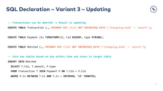 SQL Declaration – Variant 3 – Updating
14
-- Transactions can be aborted -> Result is updating
CREATE TABLE Transaction (…, PRIMARY KEY (tid) NOT ENFORCED) WITH ('changelog.mode' = 'upsert');
CREATE TABLE Payment (ts TIMESTAMP(3), tid BIGINT, type STRING);
CREATE TABLE Matched (…, PRIMARY KEY (tid) NOT ENFORCED) WITH ('changelog.mode' = 'upsert');
-- Join two tables based on key within time and store in target table
INSERT INTO Matched
SELECT T.tid, T.amount, P.type
FROM Transaction T JOIN Payment P ON T.tid = P.tid
WHERE P.ts BETWEEN T.ts AND T.ts + INTERVAL '10' MINUTES;
 