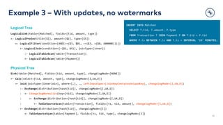 Example 3 – With updates, no watermarks
28
INSERT INTO Matched
SELECT T.tid, T.amount, P.type
FROM Transaction T JOIN Payment P ON T.tid = P.tid
WHERE P.ts BETWEEN T.ts AND T.ts + INTERVAL '10' MINUTES;
Logical Tree
LogicalSink(table=[Matched], fields=[tid, amount, type])
+- LogicalProject(tid=[$1], amount=[$2], type=[$5])
+- LogicalFilter(condition=[AND(>=($3, $0), <=($3, +($0, 600000)))])
+- LogicalJoin(condition=[=($1, $4)], joinType=[inner])
:- LogicalTableScan(table=[Transaction])
+- LogicalTableScan(table=[Payment])
Physical Tree
Sink(table=[Matched], fields=[tid, amount, type], changelogMode=[NONE])
+- Calc(select=[tid, amount, type], changelogMode=[I,UA,D])
+- Join(joinType=[InnerJoin], where=[…], …, leftInputSpec=[JoinKeyContainsUniqueKey], changelogMode=[I,UA,D])
:- Exchange(distribution=[hash[tid]], changelogMode=[I,UA,D])
: +- ChangelogNormalize(key=[tid], changelogMode=[I,UA,D])
: +- Exchange(distribution=[hash[tid]], changelogMode=[I,UA,D])
: +- TableSourceScan(table=[Transaction], fields=[ts, tid, amount], changelogMode=[I,UA,D])
+- Exchange(distribution=[hash[tid]], changelogMode=[I])
+- TableSourceScan(table=[Payment], fields=[ts, tid, type], changelogMode=[I])
 