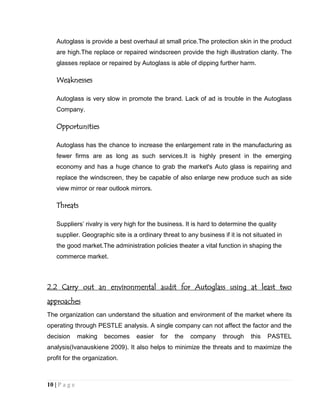 Autoglass is provide a best overhaul at small price.The protection skin in the product
are high.The replace or repaired windscreen provide the high illustration clarity. The
glasses replace or repaired by Autoglass is able of dipping further harm.

Weaknesses
Autoglass is very slow in promote the brand. Lack of ad is trouble in the Autoglass
Company.

Opportunities
Autoglass has the chance to increase the enlargement rate in the manufacturing as
fewer firms are as long as such services.It is highly present in the emerging
economy and has a huge chance to grab the market's Auto glass is repairing and
replace the windscreen, they be capable of also enlarge new produce such as side
view mirror or rear outlook mirrors.

Threats
Suppliers’ rivalry is very high for the business. It is hard to determine the quality
supplier. Geographic site is a ordinary threat to any business if it is not situated in
the good market.The administration policies theater a vital function in shaping the
commerce market.

2.2 Carry out an environmental audit for Autoglass using at least two
approaches
The organization can understand the situation and environment of the market where its
operating through PESTLE analysis. A single company can not affect the factor and the
decision

making

becomes

easier

for

the

company

through

this

PASTEL

analysis(Ivanauskiene 2009). It also helps to minimize the threats and to maximize the
profit for the organization.

10 | P a g e

 