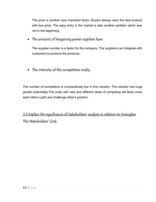 The price is another very important factor. Buyers always want the best product
with low price. The easy entry in the market is also another problem which was
not in the beginning.

The amount of bargaining power suppliers have
The supplier number is a factor for the company. The suppliers can integrate with
customers to produce the products.

The intensity of the competitive rivalry

The number of competitors is comparatively low in this industry. The industry has huge
growth potentiality.The rivals with new and different ideas of competing will likely cross
each other’s path and challenge other’s position.

2.3 Explain the significance of stakeholders’ analysis in relation to Autoglass
The Stakeholders’ Grid:

13 | P a g e

 