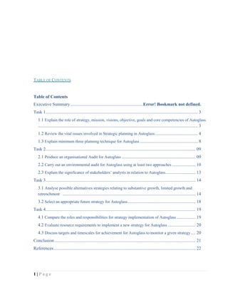 TABLE OF CONTENTS

Table of Contents
Executive Summary .................................................................Error! Bookmark not defined.
Task 1 ........................................................................................................................................ 3
1.1 Explain the role of strategy, mission, visions, objective, goals and core competencies of Autoglass
............................................................................................................................................... 3
1.2 Review the vital issues involved in Strategic planning in Autoglass ...................................... 4
1.3 Explain minimum three planning technique for Autoglass .................................................... 8
Task 2 ...................................................................................................................................... 09
2.1 Produce an organisational Audit for Autoglass .................................................................. 09
2.2 Carry out an environmental audit for Autoglass using at least two approaches ..................... 10
2.3 Explain the significance of stakeholders’ analysis in relation to Autoglass ........................... 13
Task 3 ...................................................................................................................................... 14
3.1 Analyse possible alternatives strategies relating to substantive growth, limited growth and
retrenchment ....................................................................................................................... 14
3.2 Select an appropriate future strategy for Autoglass............................................................. 18
Task 4 ...................................................................................................................................... 19
4.1 Compare the roles and responsibilities for strategy implementation of Autoglass ................. 19
4.2 Evaluate resource requirements to implement a new strategy for Autoglass ......................... 20
4.3 Discuss targets and timescales for achievement for Autoglass to monitor a given strategy .... 20
Conclusion .............................................................................................................................. 21
References ............................................................................................................................... 22

1|Page

 