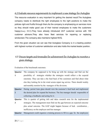 4.2 Evaluate resource requirements to implement a new strategy for Autoglass
The resource evaluation is very important for getting the desired result.The Autoglass
company needs to distribute the right employees to the right positions to make the
policies right and fruitful through them.As the company is emphasizing on services more
so they should make good use of their trained employees to make the customers
happy(Arazy 2012).They have already introduced 24/7 customer service with 159
customer

advisors.They also

have

fleet

services

for

repairing

or

replacing

windscreen.The company also maintains highest NVQ.
From the given situation we can see that Autoglass Company is in a leading position
with highest number of customer satisfaction and also holds the market leader position.

4.3 Discuss targets and timescales for achievement for Autoglass to monitor a
given strategy:
Evaluation of the benchmark outcomes:
Quarter

The company be supposed to be bring up with the strategy and find out the

1

possibility of

strategies whether the strategies would reflect a the expectd

outcmme. They can take a the feed back of the customers and find about what
else they looking for in the wind screen repair ing service. There should weekly
and monthly monitor by the managers of the divisions.
Quarter

During period Auto glass should view the customer’s feed back and impliement

2

the desired plan for expand the business. The line manager should responsible of
collecting a feedbacks and acting for it.

Quarter

This is quarter of getting info and takes research note for the implemented

3

strategies. The management must find out the gap between an expected outcome
plus actual outcome. The GAP might happen because of lack coordination ,
inefficiency on the employee and line manager.

Quarter

21 | P a g e

Management could organize a training process to fill in a gap. So the employees

 