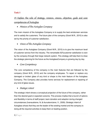 Task 1

1.1 Explain the role of strategy, mission, visions, objective, goals and core
competencies of Autoglass

Mission of the Autoglass Company
The main mission of the Autoglass Company is to supply the best windscreen services
and to satisfy the customers. The future plan of the company (Grant M.R., 2010) is also
set by the priority of customer satisfaction.

Vision of the Autoglass Company
The vision of the Autoglass Company (Grant M.R., 2010) is to give the maximum level
of customer service from the industry. The remarkable 92%customer satisfaction is won
by the company through their large network system. This strategy will help them to draw
the strategic planning for the future as the AutoglassCompany is growing day by day.

Core Competency
The core competency of the company is the main features that are followed by the
company (Grant M.R., 2010) and the company employees. To repair or replace any
damaged or broken glass of any kind or shape is the main feature of the Autoglass
Company. The Company also provides home services for replacement or repairing of
any kind of glass issues.

Strategic intent
The strategic intent shows a conceptual projection of the future of the company, rather
than the desired goal or expected outcome. This process implies that a bunch of options
and flexibility in terms of staff project, team donation and adaption during changed
circumstances (Ivanauskiene, N, & Auruskeviciene, V., 2009). Strategic intent of
Autoglass shows that they are the leader of the existing market and the company is
doing all the required activities to keep them on leading position.
3|Page

 