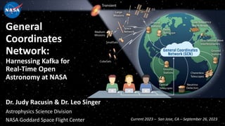 General
Coordinates
Network:
Harnessing Kafka for
Real-Time Open
Astronomy at NASA
Dr. Judy Racusin & Dr. Leo Singer
Astrophysics Science Division
NASA Goddard Space Flight Center Current 2023 – San Jose, CA – September 26, 2023
 