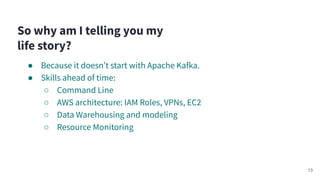 So why am I telling you my
life story?
● Because it doesnʼt start with Apache Kafka.
● Skills ahead of time:
○ Command Line
○ AWS architecture: IAM Roles, VPNs, EC2
○ Data Warehousing and modeling
○ Resource Monitoring
13
 